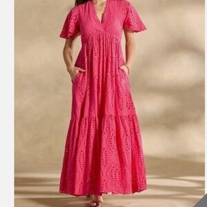 NWT Sundance “Juno” Pink Punch Eyelet Maxi Dress Boho Flutter Sleeve Pockets
